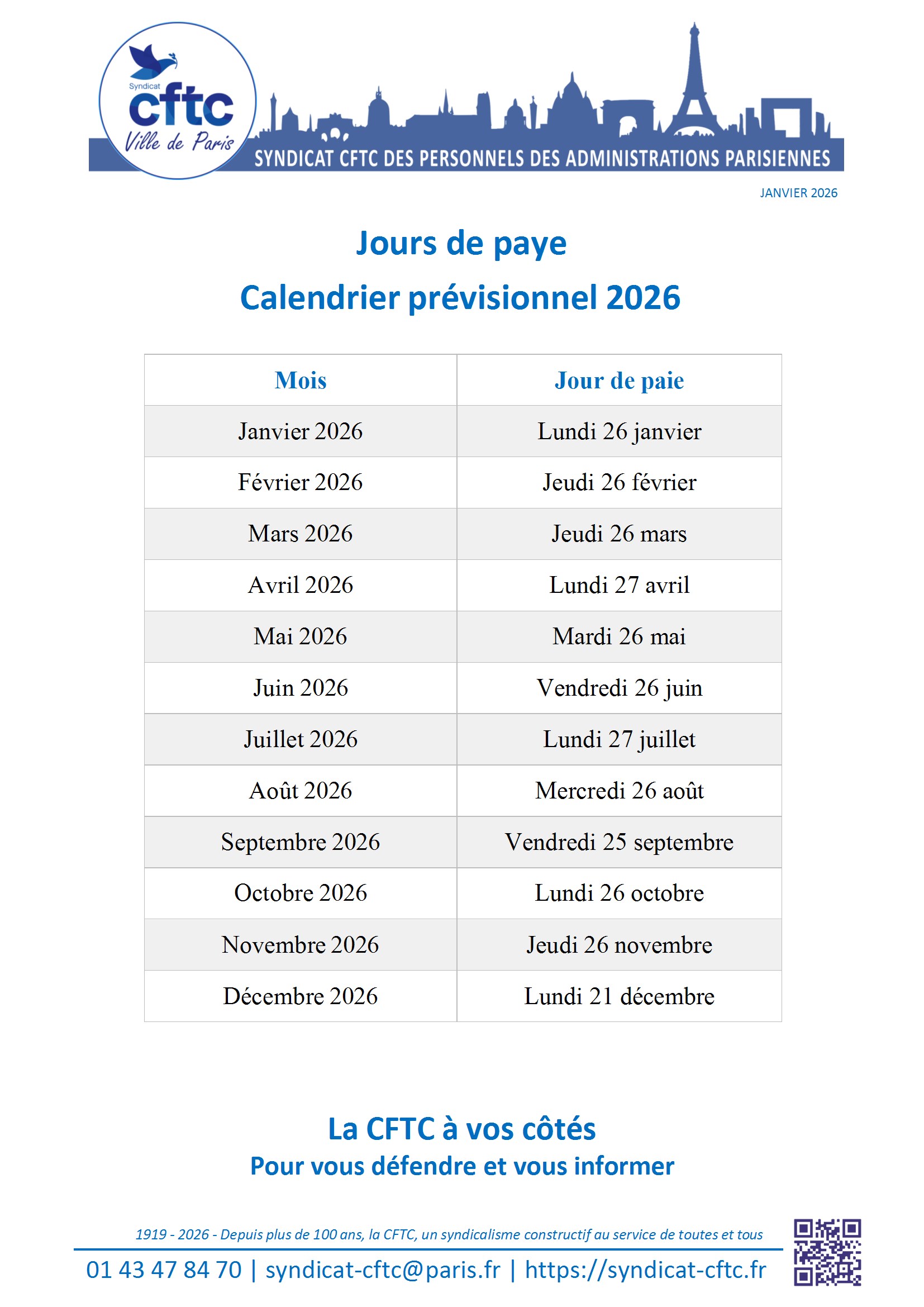 Calendrier des jours de paie 2026