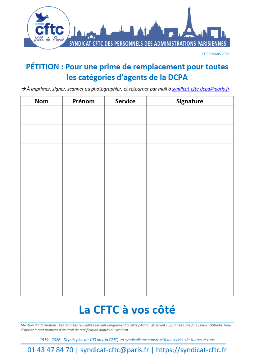 Pétition CFTC Ville de Paris DCPA mars 2023