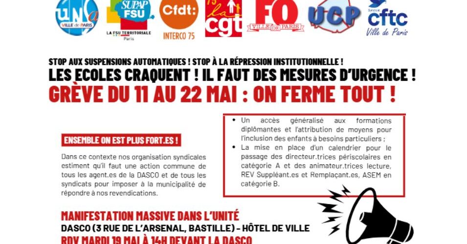 dasco cftc intersyndicale grève du 11 au 22 mai 2026